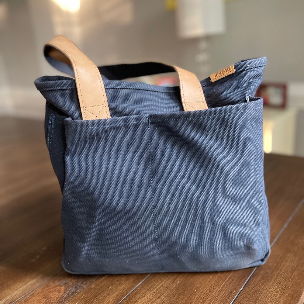 Duluth Trading Co Blue and Cream Canvas Tote Bag